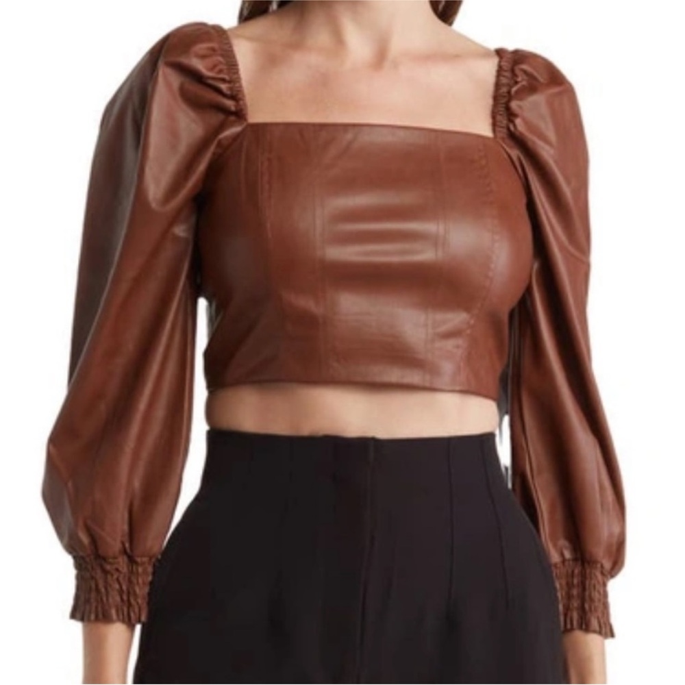 Bagatelle Light Brown Faux Leather Puff Sleeve Cropped Corset Top - S